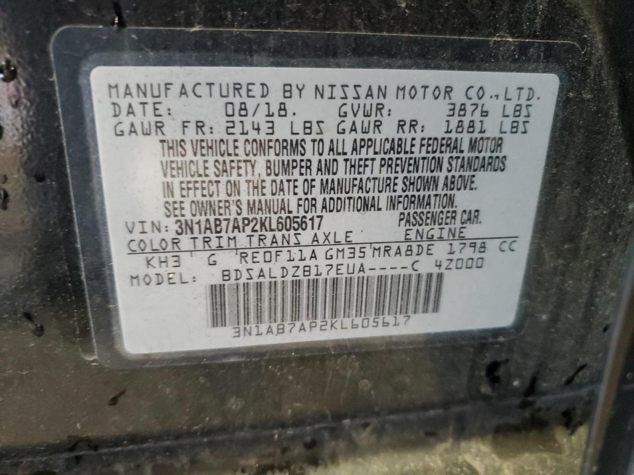 2019 Nissan Sentra S VIN: 3N1AB7AP2KL605617 Lot: 71303025
