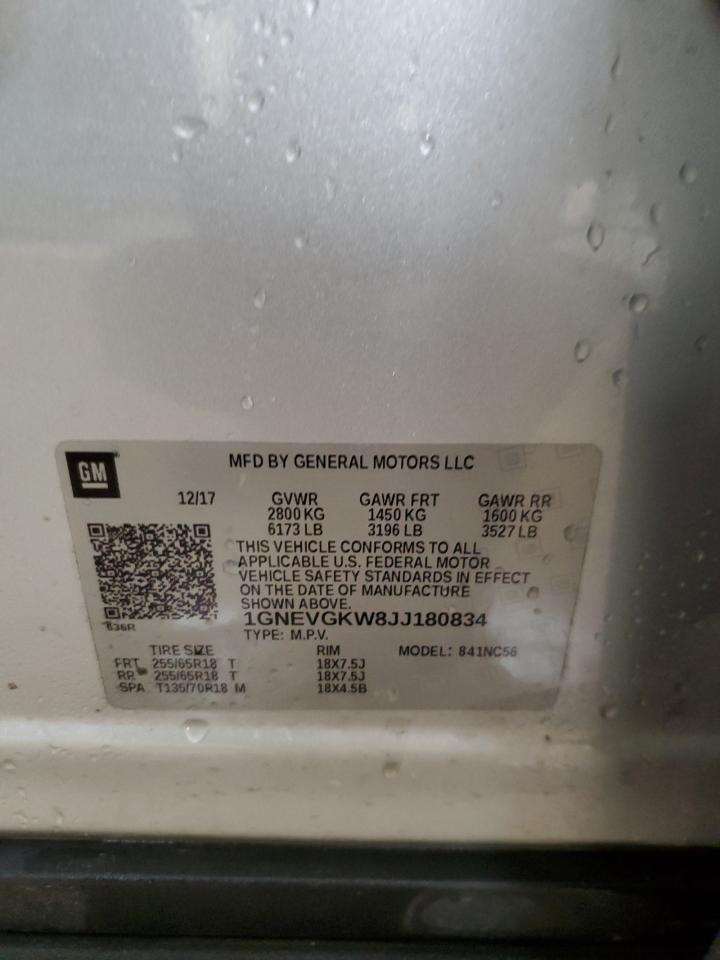 2018 Chevrolet Traverse Lt VIN: 1GNEVGKW8JJ180834 Lot: 80320595