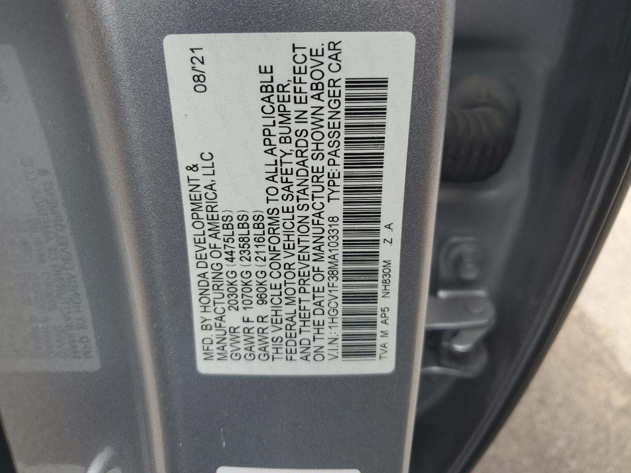 2021 Honda Accord Sport VIN: 1HGCV1F38MA103318 Lot: 83789445
