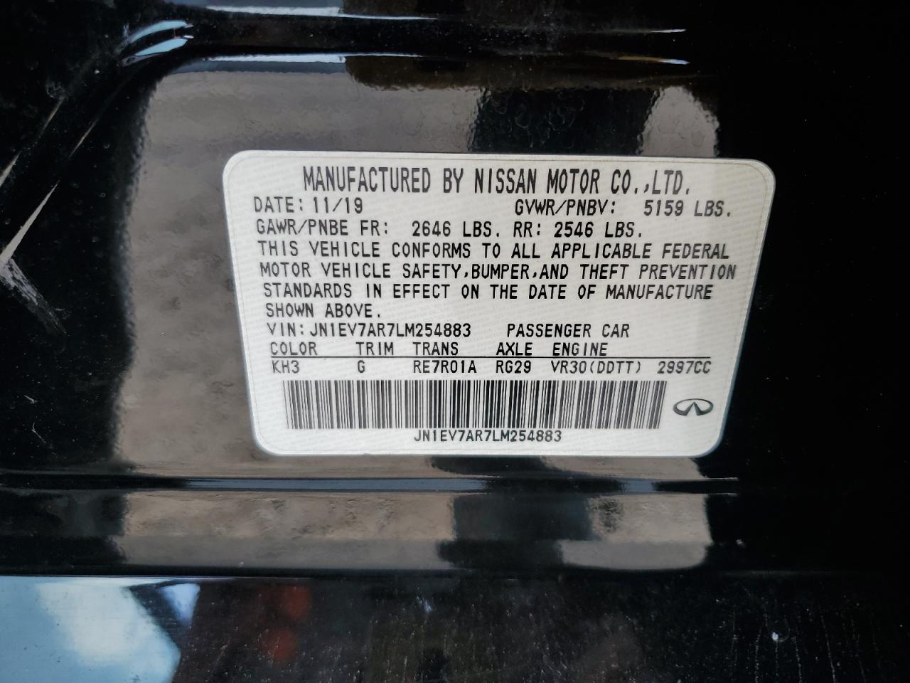 2020 Infiniti Q50 Pure VIN: JN1EV7AR7LM254883 Lot: 80170645