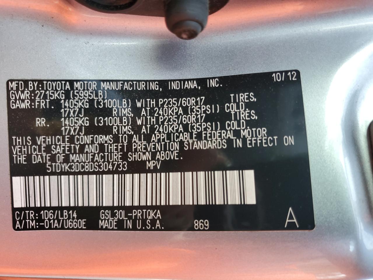 2013 Toyota Sienna Xle VIN: 5TDYK3DC8DS304733 Lot: 84221835