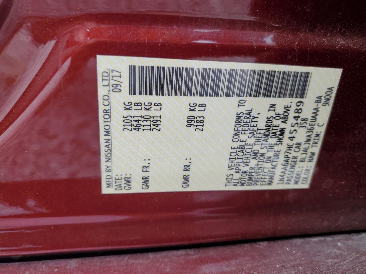 2017 Nissan Maxima 3.5S VIN: 1N4AA6AP7HC455489 Lot: 83783735