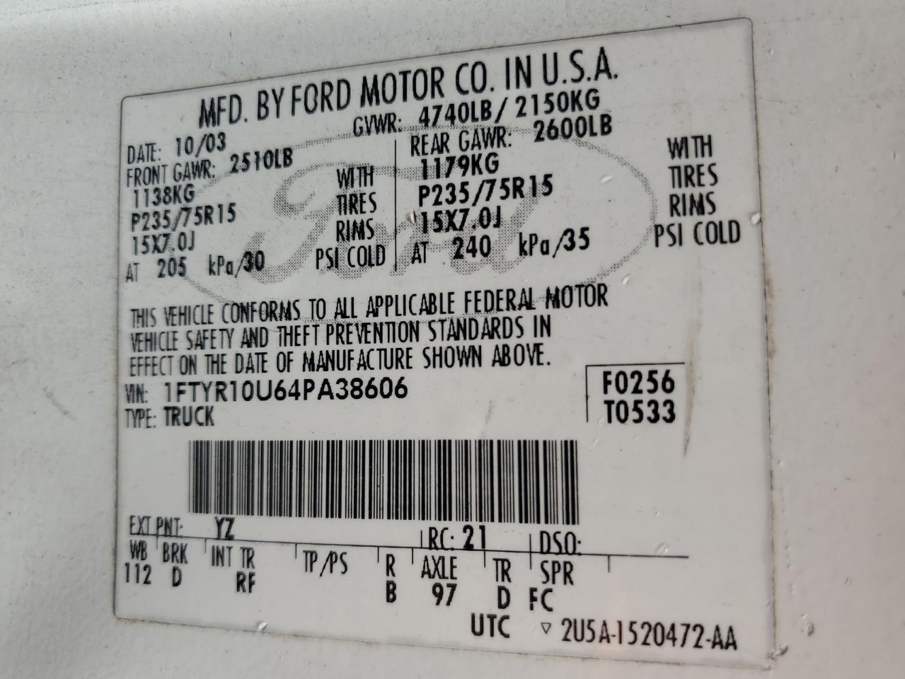 2004 Ford Ranger VIN: 1FTYR10U64PA38606 Lot: 82102275