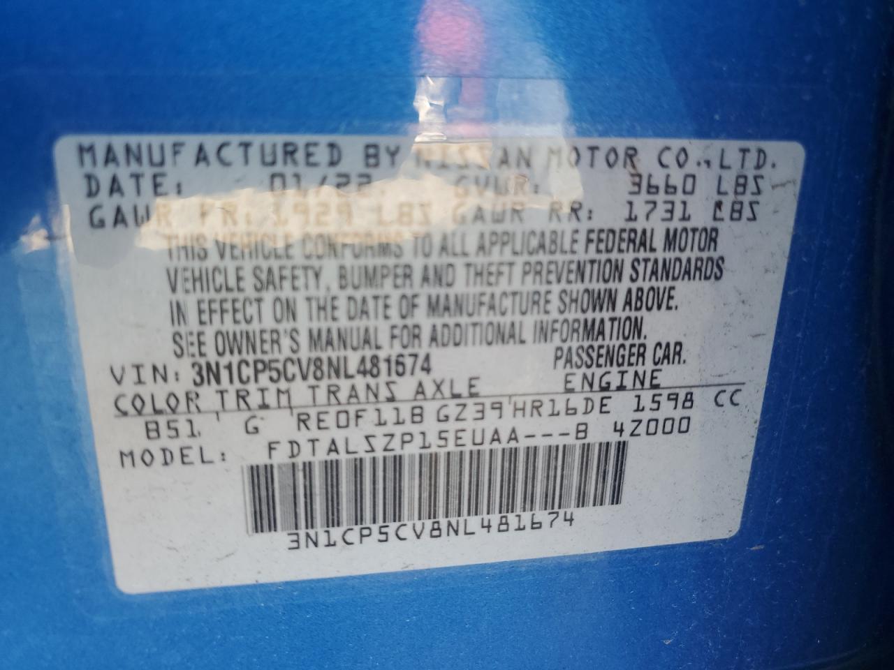 2022 Nissan Kicks Sv VIN: 3N1CP5CV8NL481674 Lot: 81372265