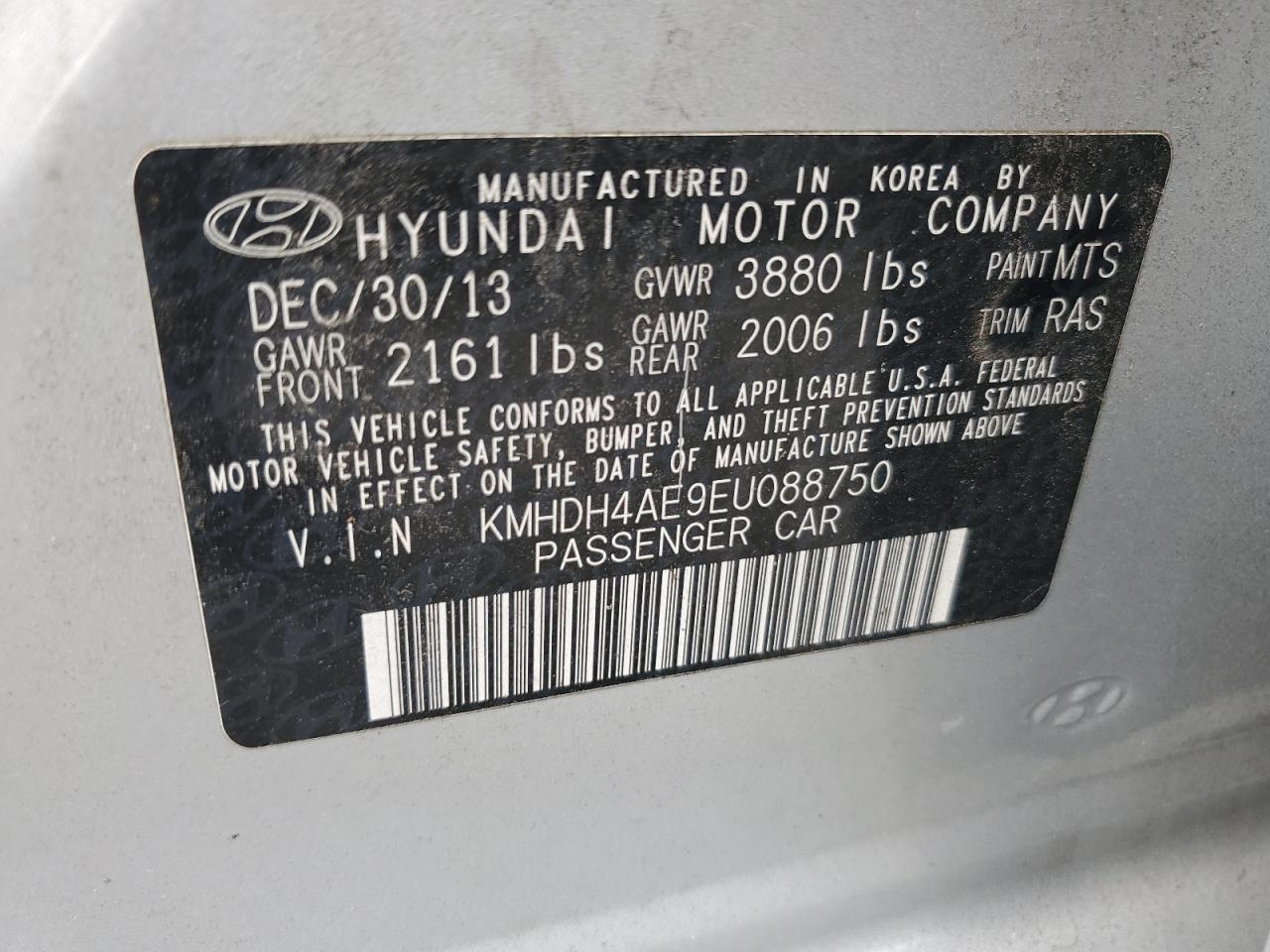 2014 Hyundai Elantra Se VIN: KMHDH4AE9EU088750 Lot: 71251155