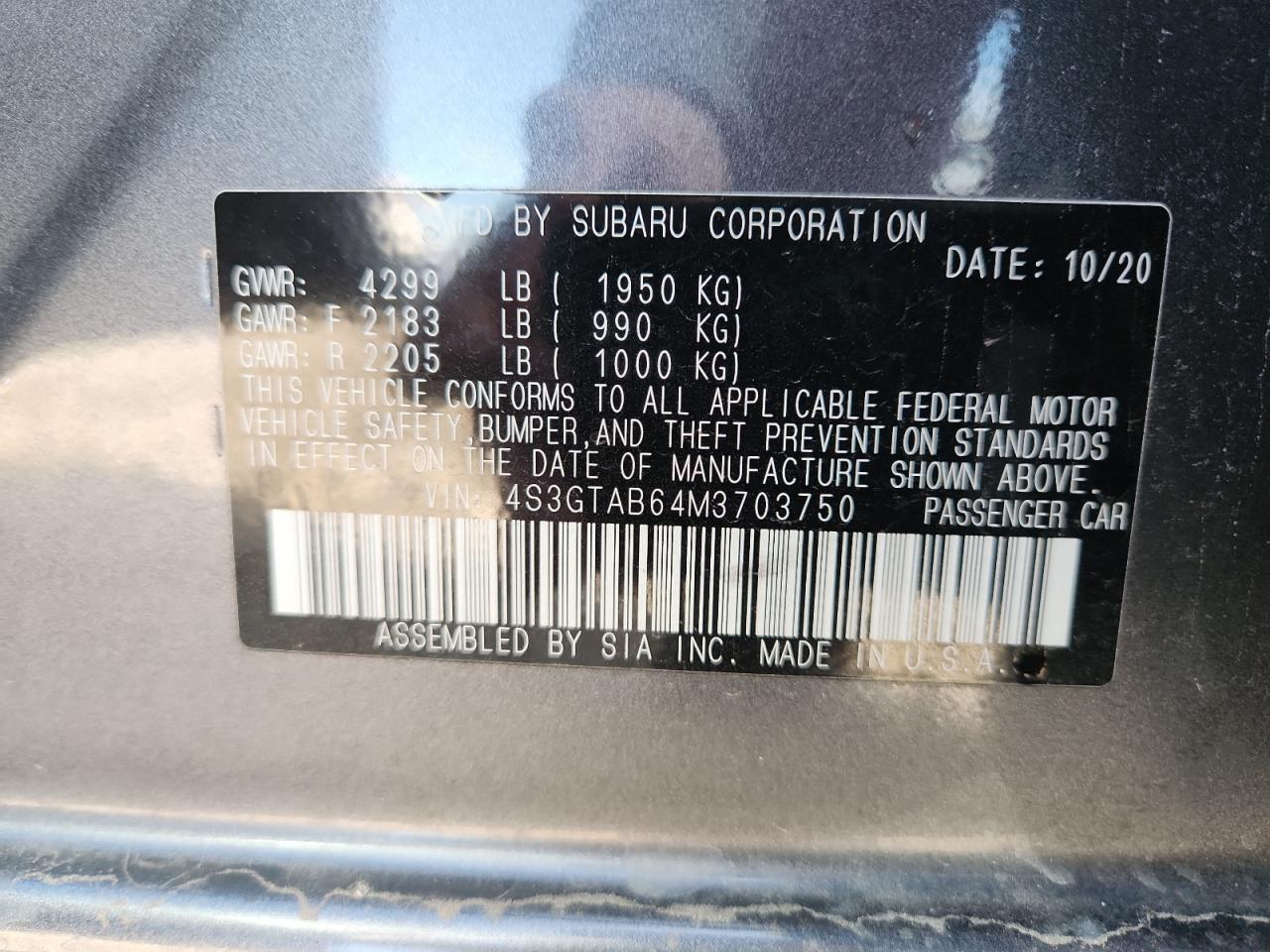 2021 Subaru Impreza VIN: 4S3GTAB64M3703750 Lot: 84214185