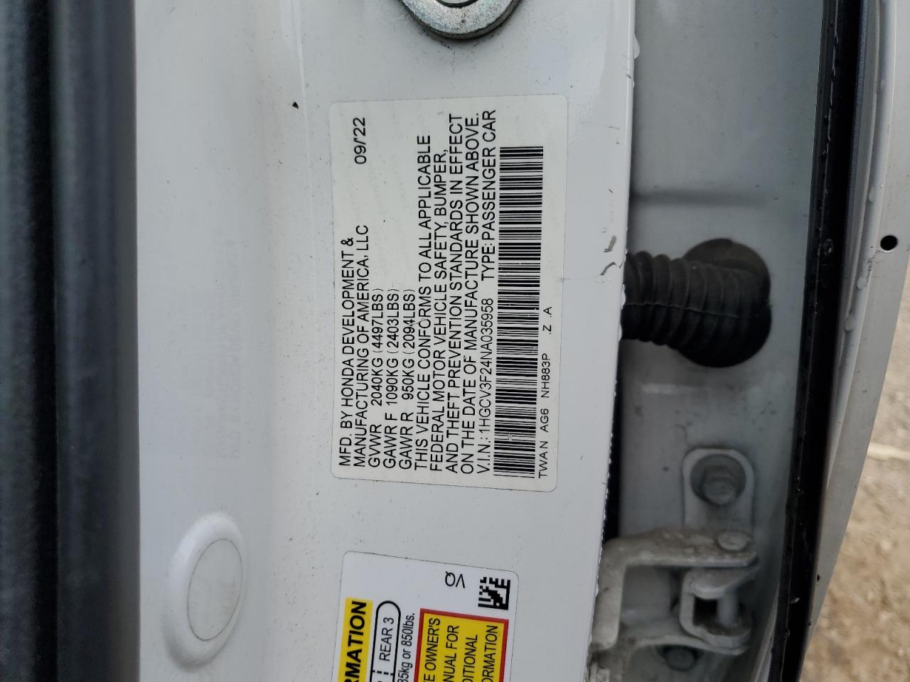 2022 Honda Accord Hybrid Sport VIN: 1HGCV3F24NA035958 Lot: 70837315