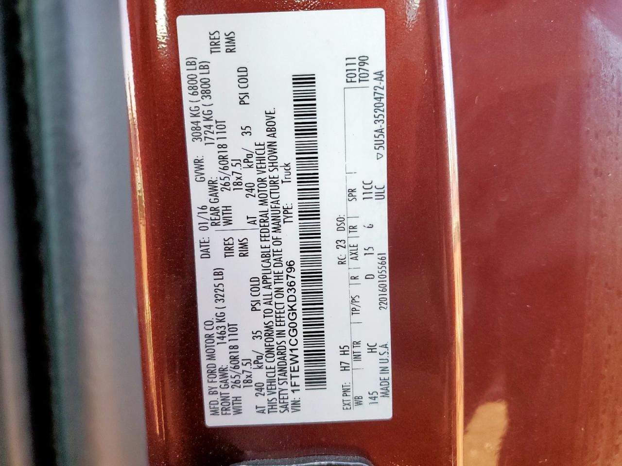 2016 Ford F150 Supercrew VIN: 1FTEW1CG0GKD36796 Lot: 84236285