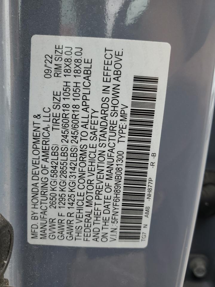 2022 Honda Pilot Trailsport VIN: 5FNYF6H89NB081300 Lot: 84052535