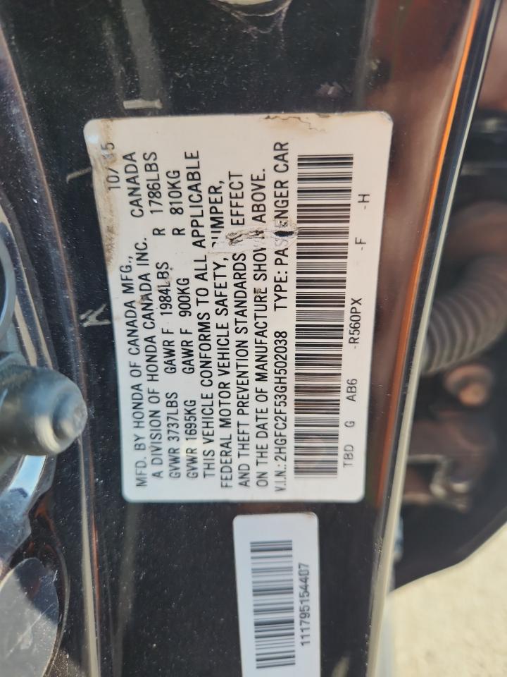 2016 Honda Civic Lx VIN: 2HGFC2F53GH502038 Lot: 81563155
