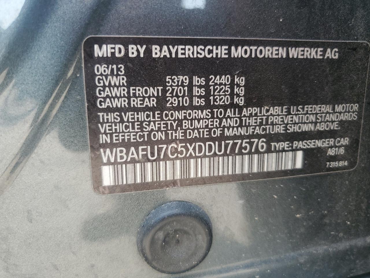 2013 BMW 535 Xi VIN: WBAFU7C5XDDU77576 Lot: 80709965