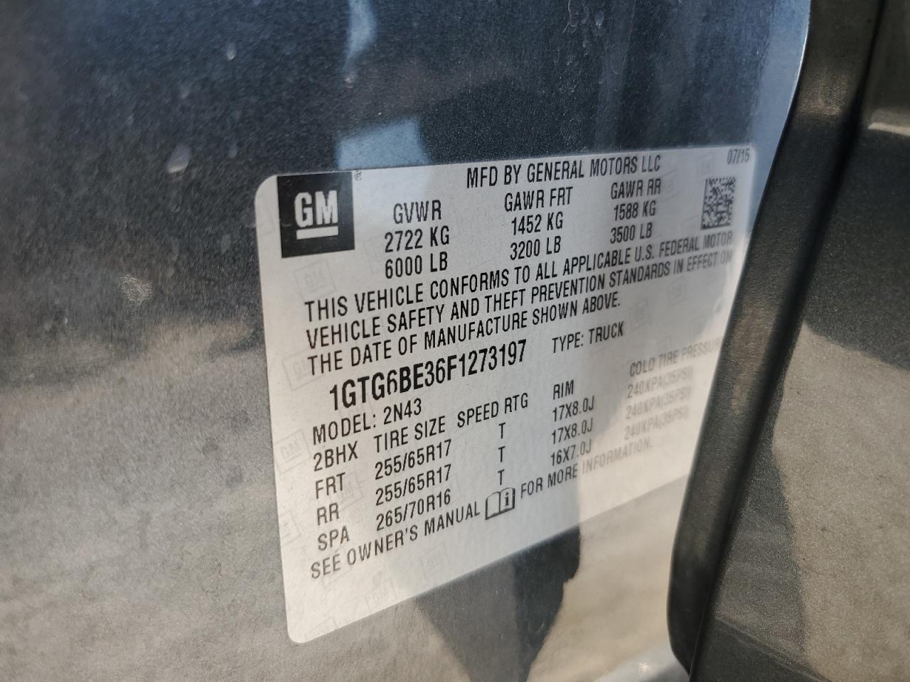 2015 GMC Canyon Sle VIN: 1GTG6BE36F1273197 Lot: 84371375