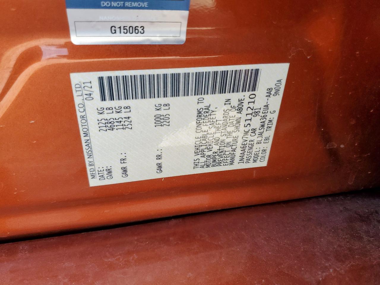 2021 Nissan Maxima Sr VIN: 1N4AA6EV7MC511210 Lot: 71554505