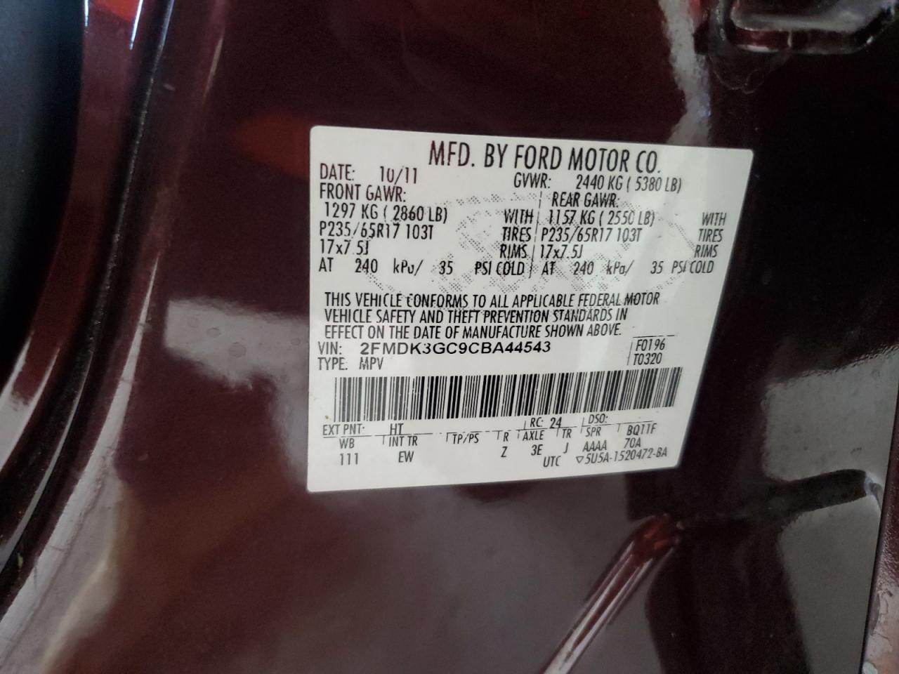 2012 Ford Edge Se VIN: 2FMDK3GC9CBA44543 Lot: 80898815