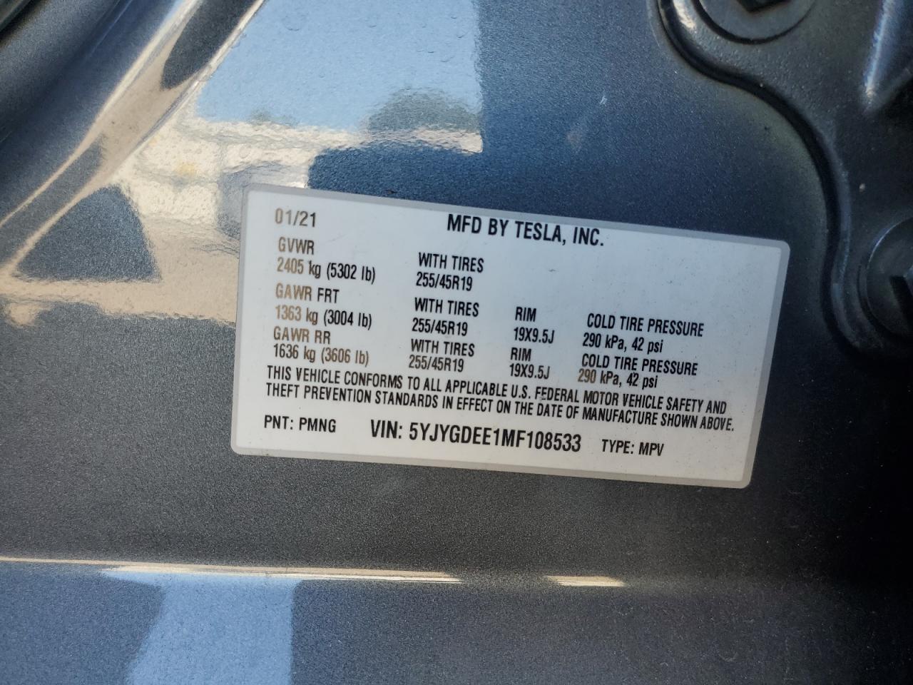 2021 Tesla Model Y VIN: 5YJYGDEE1MF108533 Lot: 82059065