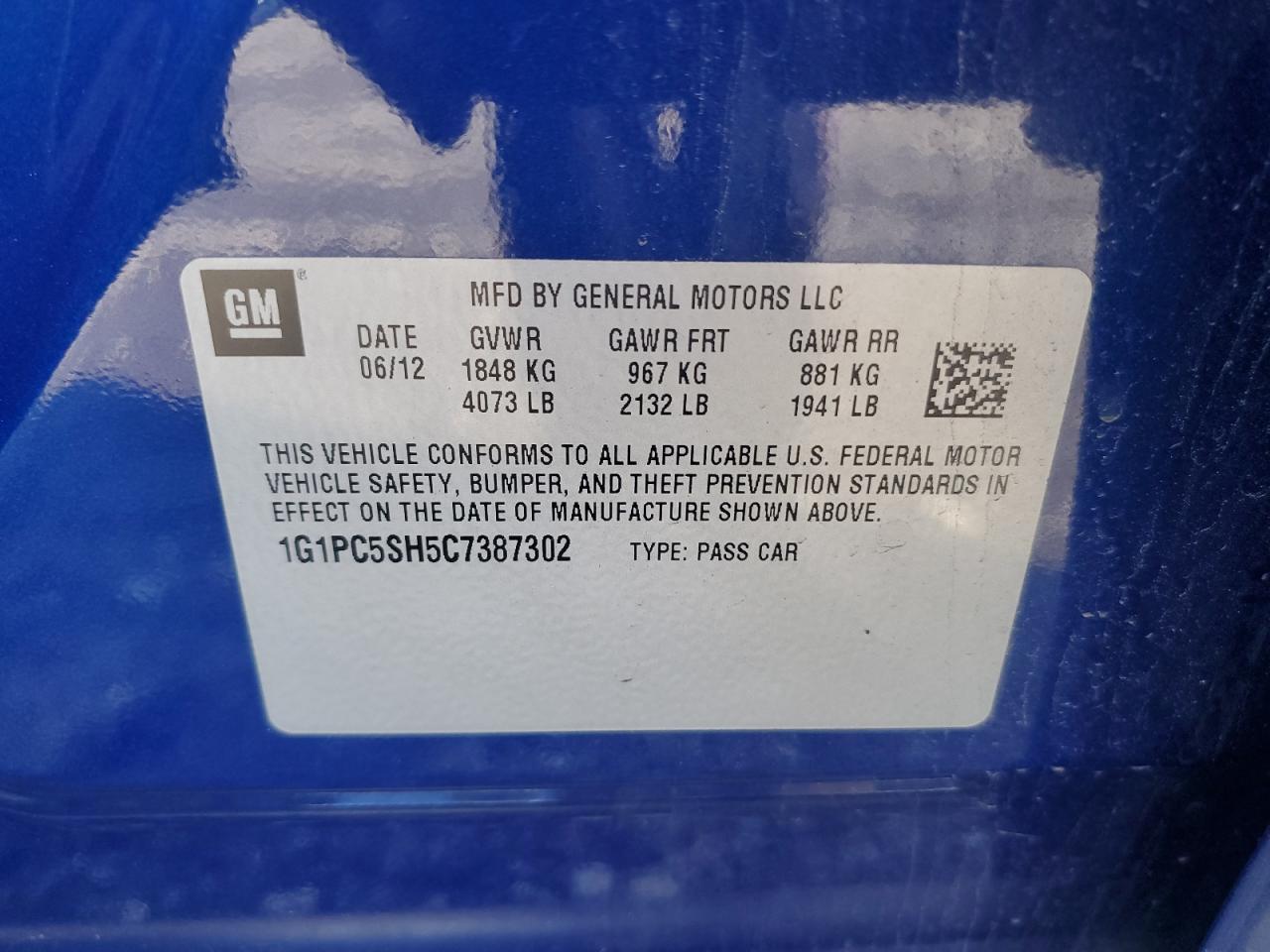 2012 Chevrolet Cruze Ls VIN: 1G1PC5SH5C7387302 Lot: 84456365