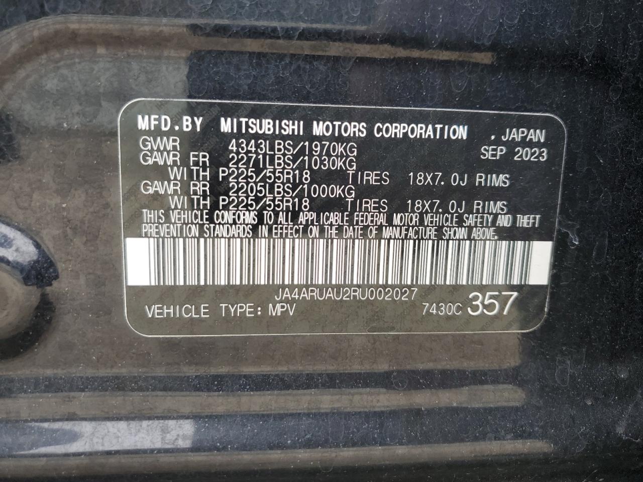 2024 Mitsubishi Outlander Sport S/Se VIN: JA4ARUAU2RU002027 Lot: 81761595