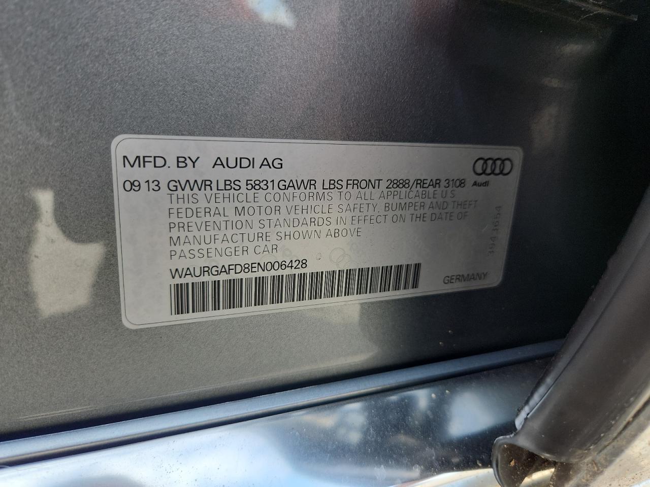 2014 Audi A8 L Quattro VIN: WAURGAFD8EN006428 Lot: 81089695