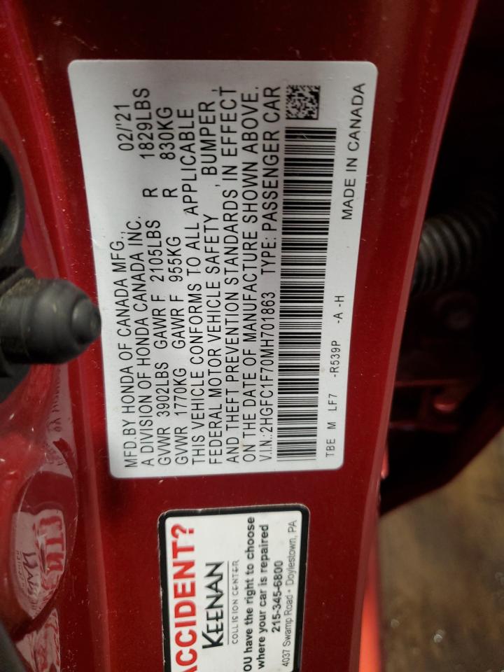 2021 Honda Civic Exl VIN: 2HGFC1F70MH701863 Lot: 84587385