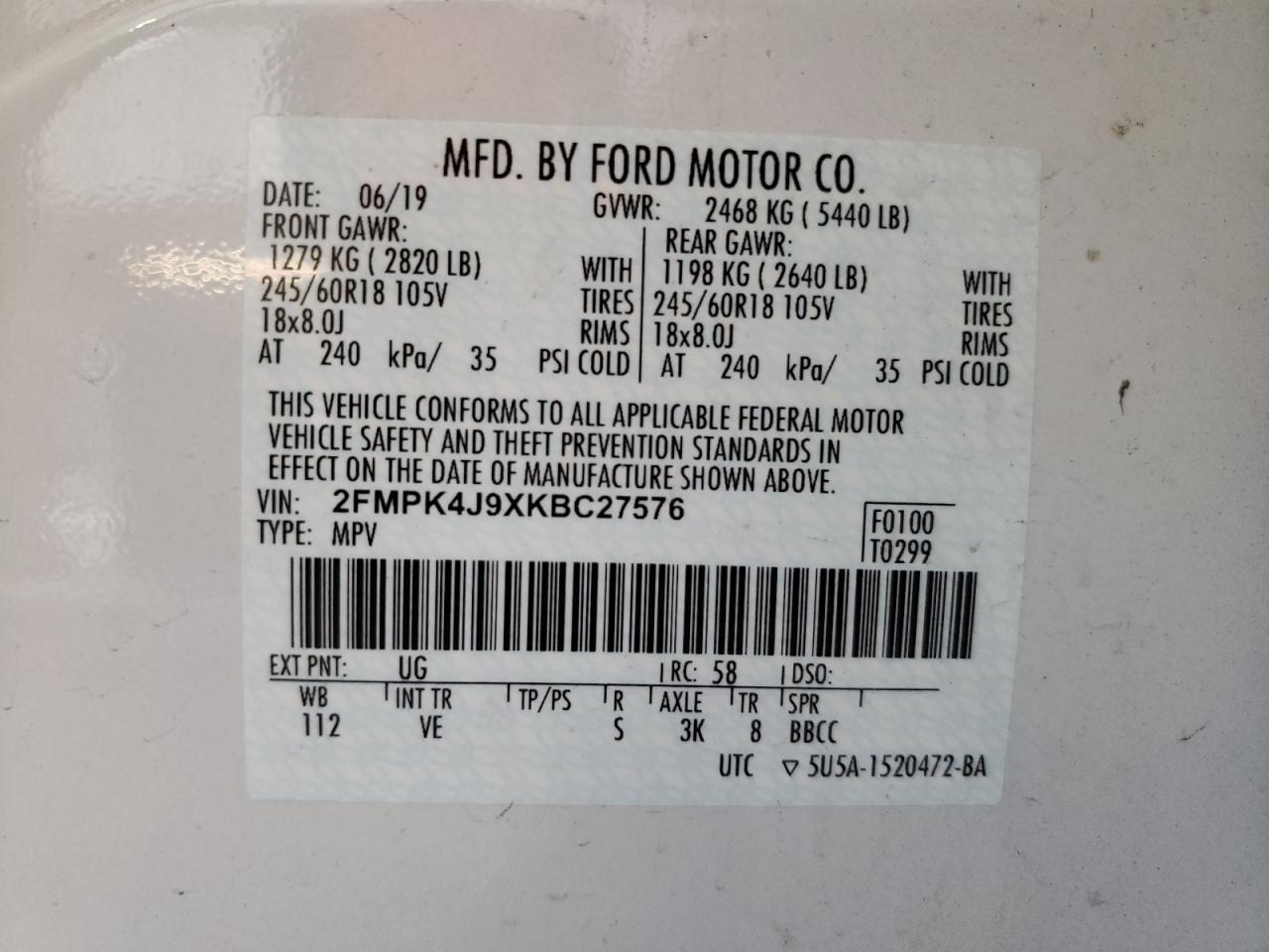 2019 Ford Edge Sel VIN: 2FMPK4J9XKBC27576 Lot: 71177375