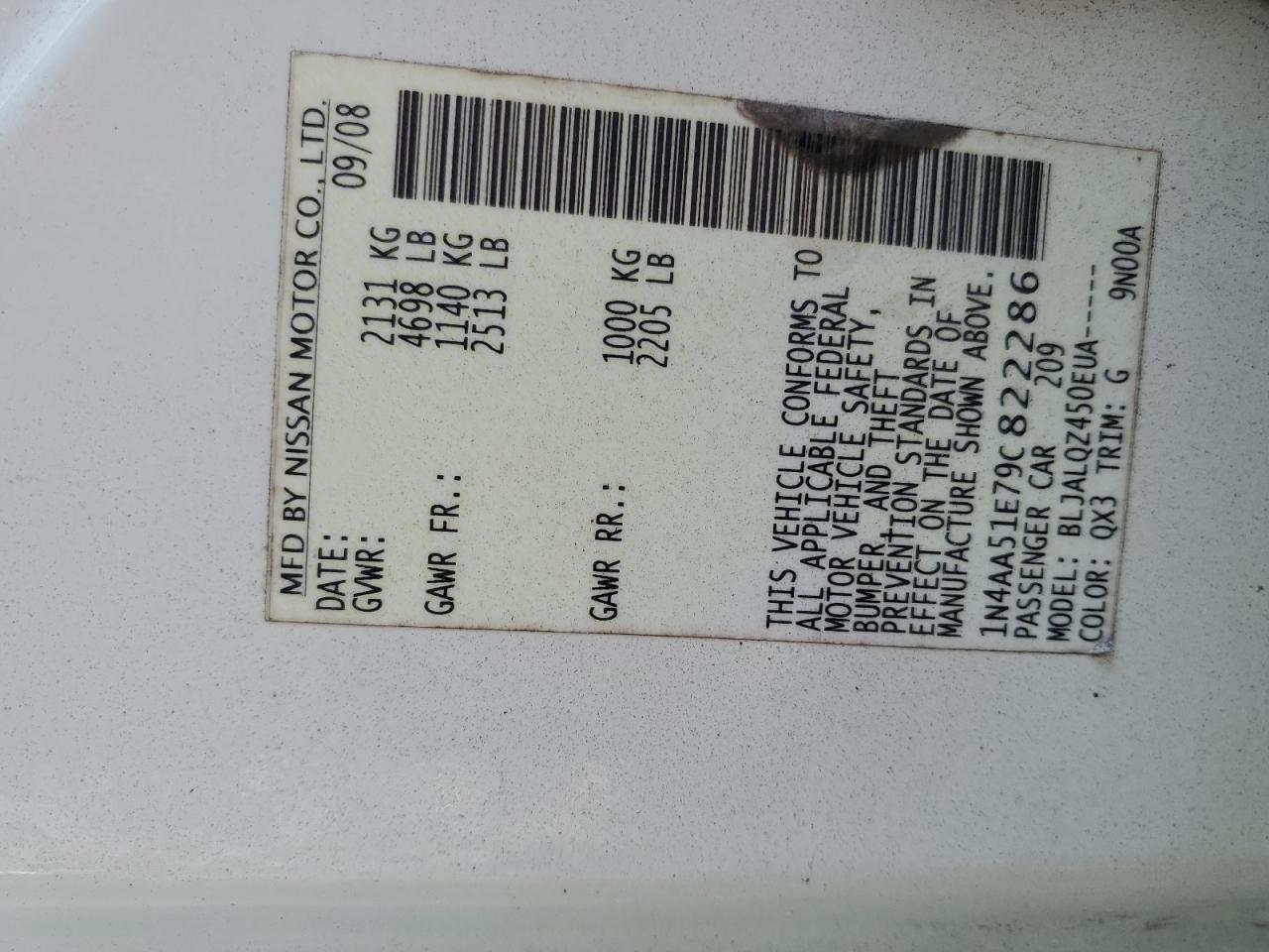 2009 Nissan Maxima S VIN: 1N4AA51E79C822286 Lot: 81491445