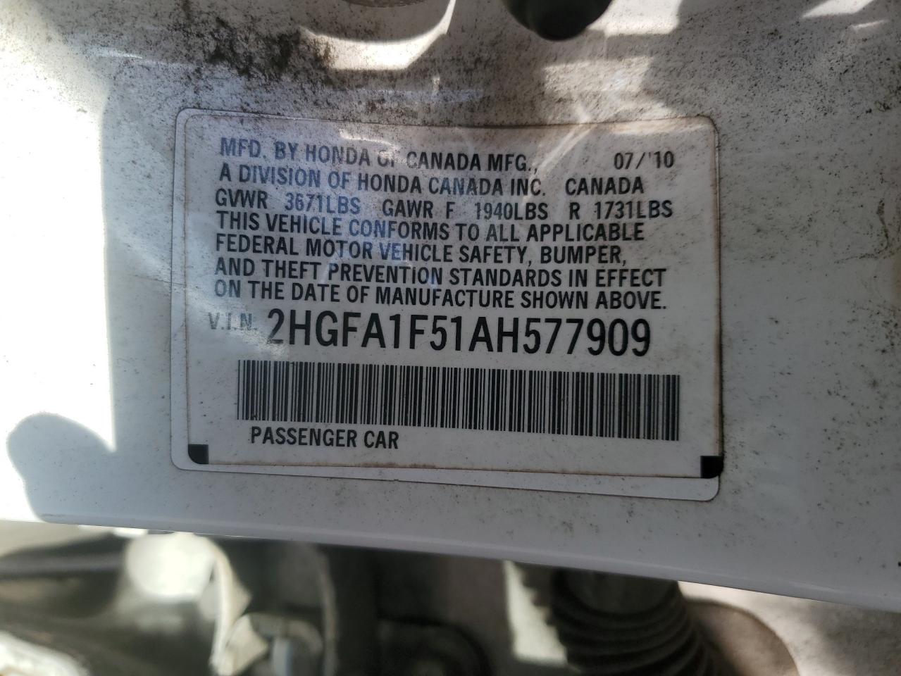 2010 Honda Civic Lx VIN: 2HGFA1F51AH577909 Lot: 82096315