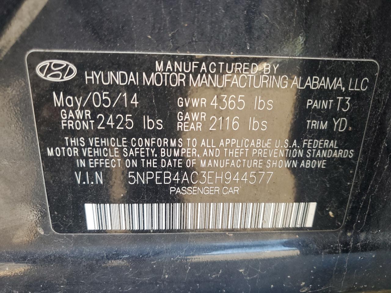 2014 Hyundai Sonata Gls VIN: 5NPEB4AC3EH944577 Lot: 80287235