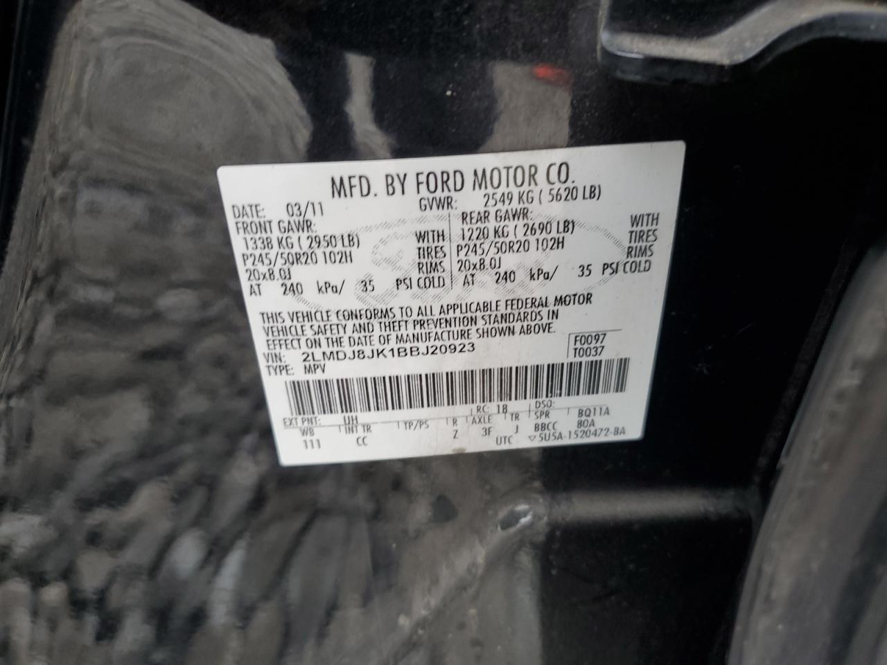 2011 Lincoln Mkx VIN: 2LMDJ8JK1BBJ20923 Lot: 84352045