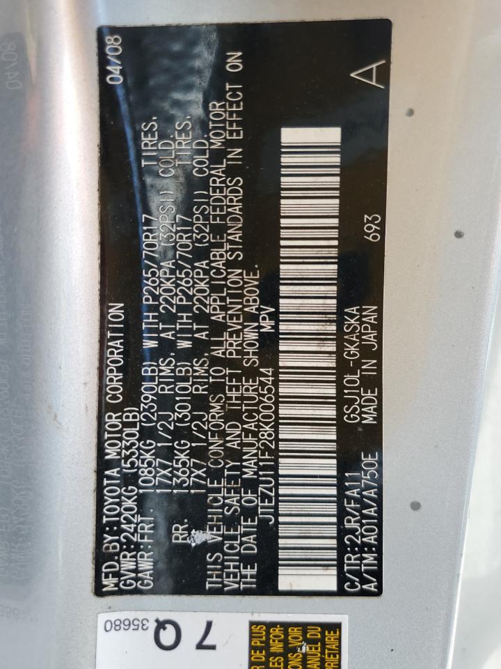 2008 Toyota Fj Cruiser VIN: JTEZU11F28K006544 Lot: 81063685