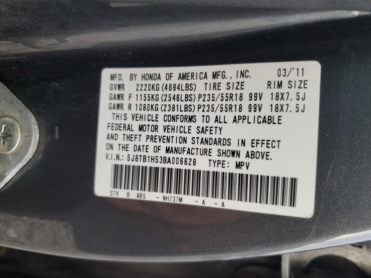 2011 Acura Rdx Technology VIN: 5J8TB1H53BA006628 Lot: 80338195