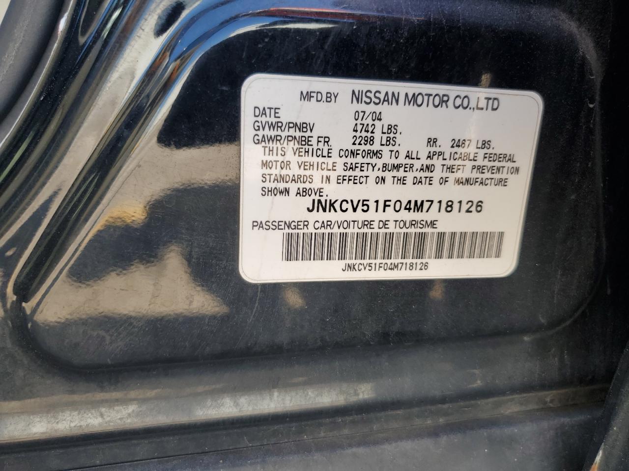 2004 Infiniti G35 VIN: JNKCV51F04M718126 Lot: 84429345