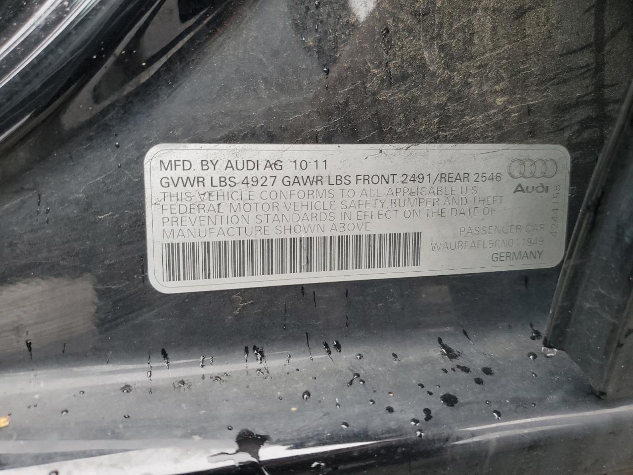 2012 Audi A4 Premium VIN: WAUBFAFL5CN011949 Lot: 81014625