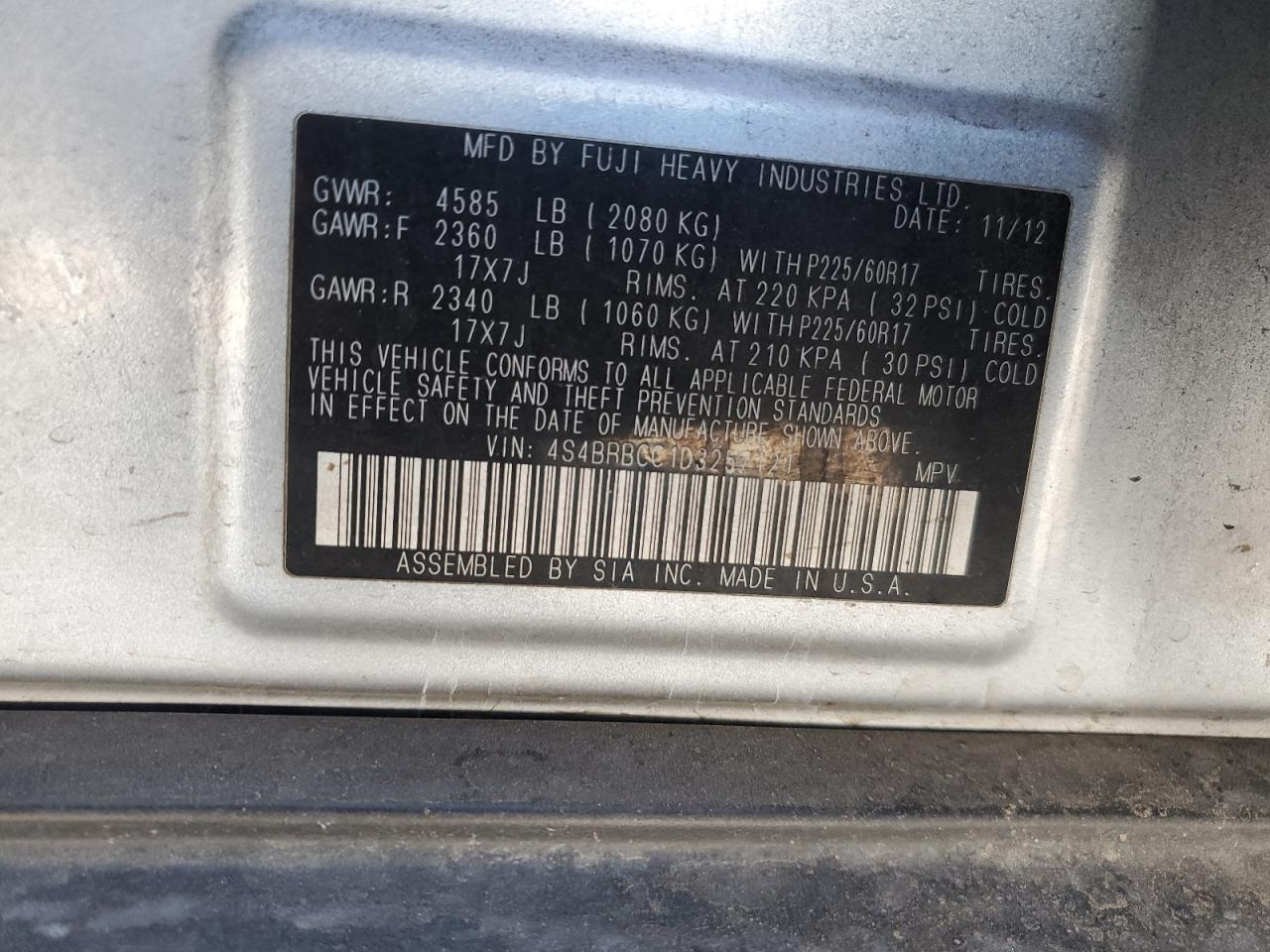 2013 Subaru Outback 2.5I Premium VIN: 4S4BRBCC1D3257121 Lot: 80283225