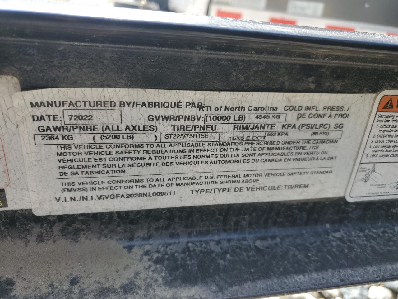 2022 Kaufman Equipment Trailer VIN: 5VGFA2028NL009511 Lot: 71408175