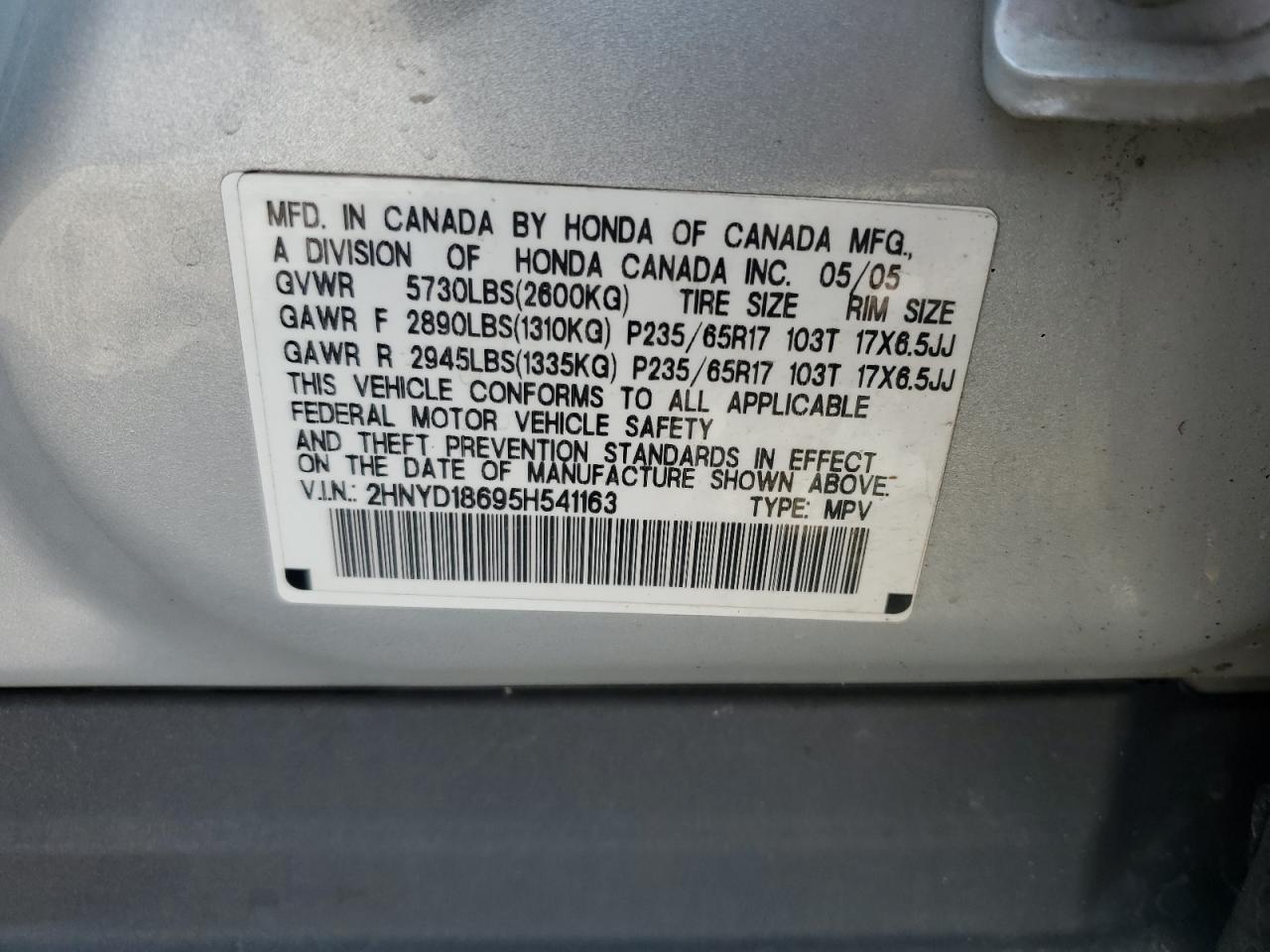 2005 Acura Mdx Touring VIN: 2HNYD18695H541163 Lot: 80703245