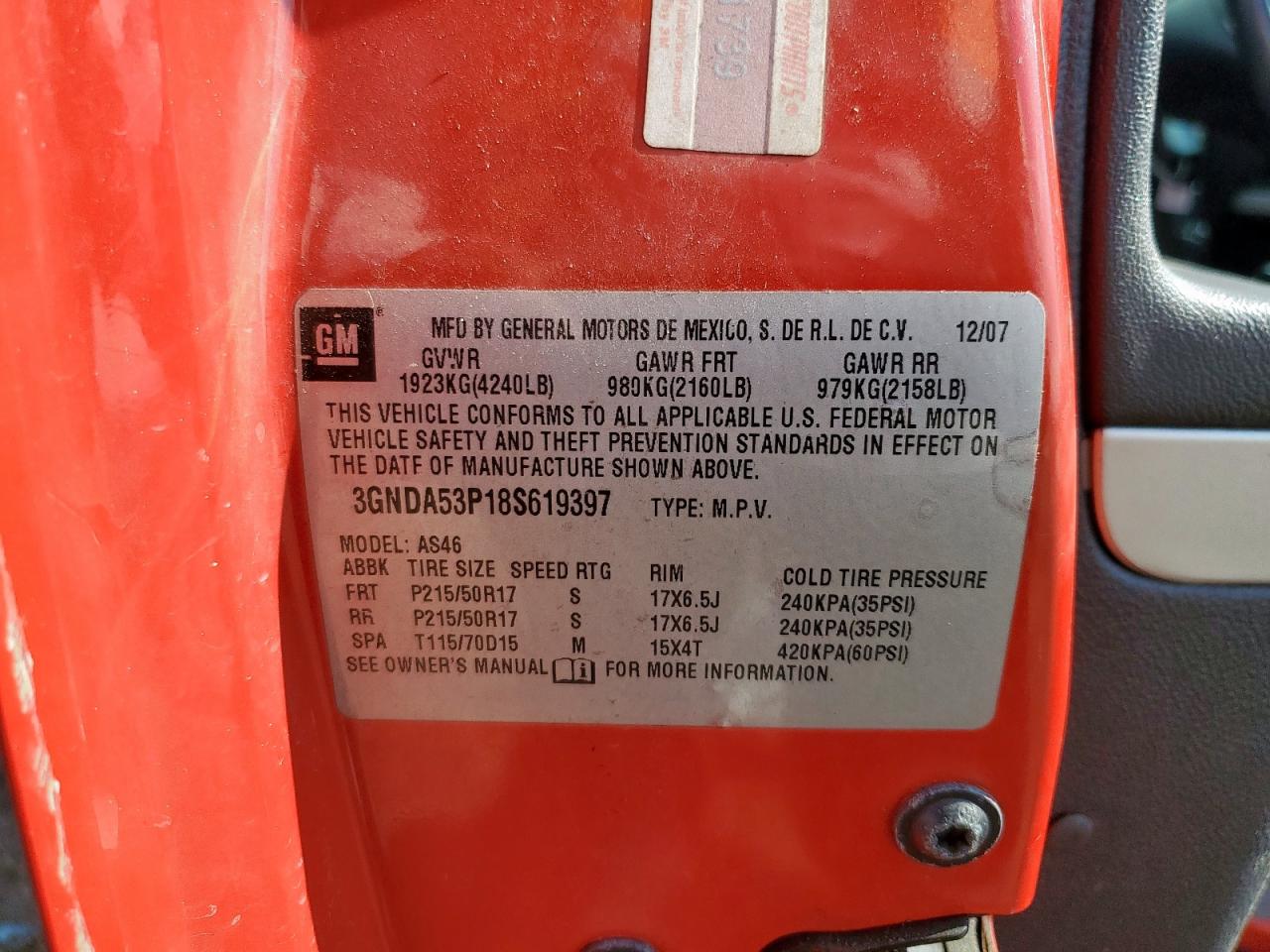 2008 Chevrolet Hhr Lt VIN: 3GNDA53P18S619397 Lot: 81814235