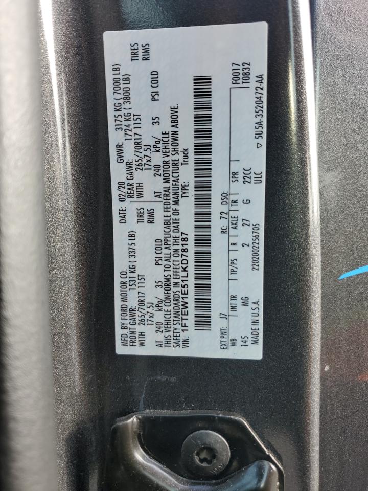 2020 Ford F150 Supercrew VIN: 1FTEW1E51LKD78187 Lot: 71821165