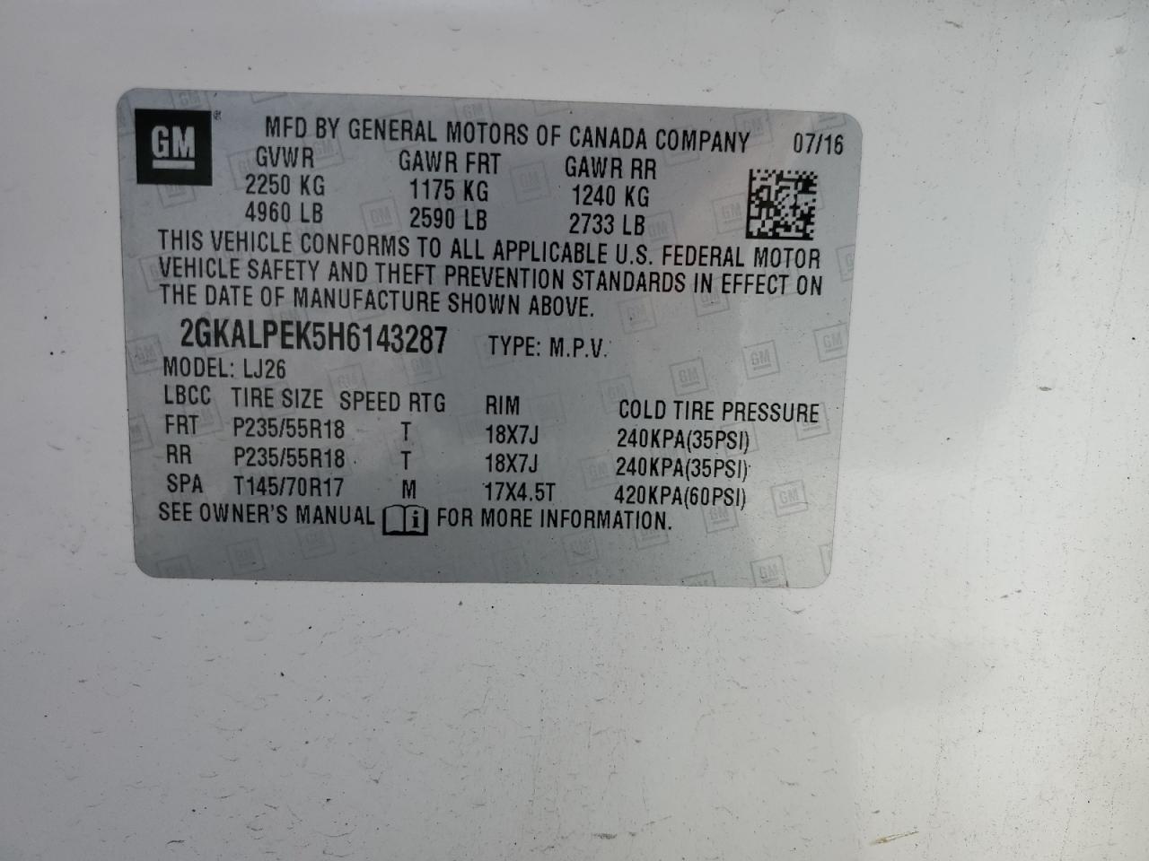 2017 GMC Terrain Slt VIN: 2GKALPEK5H6143287 Lot: 71233995