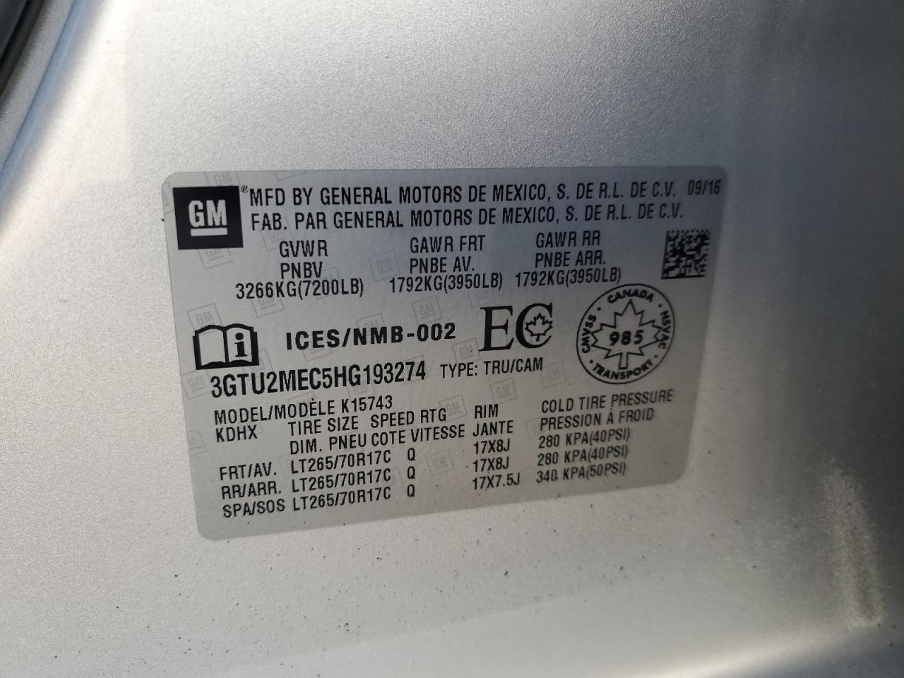 2017 GMC Sierra K1500 Sle VIN: 3GTU2MEC5HG193274 Lot: 81183345