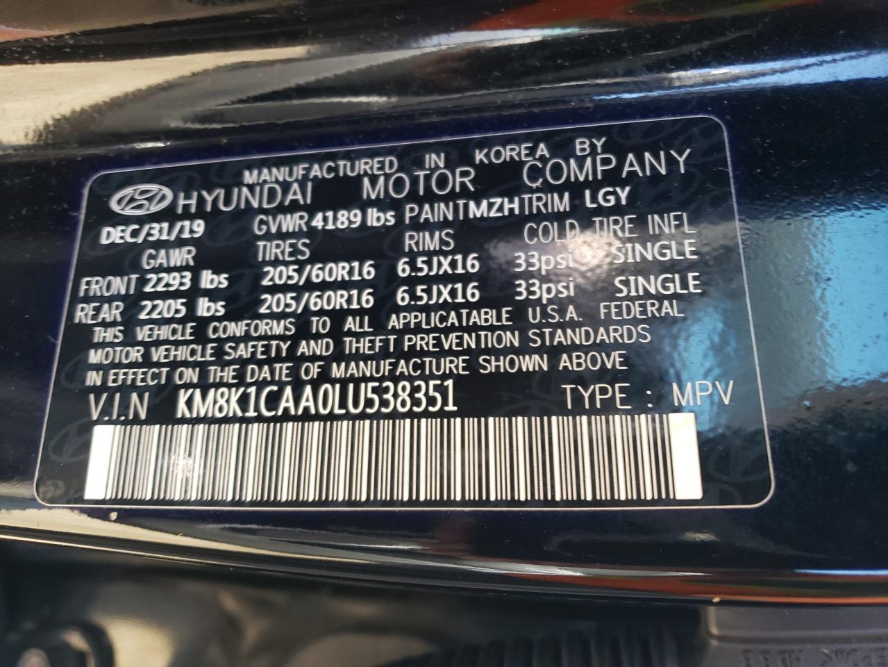 2020 Hyundai Kona Se VIN: KM8K1CAA0LU538351 Lot: 71359175