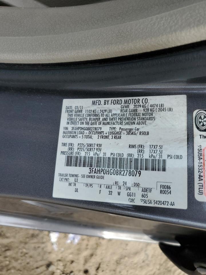 2011 Ford Fusion Se VIN: 3FAHP0HG0BR278079 Lot: 81778915