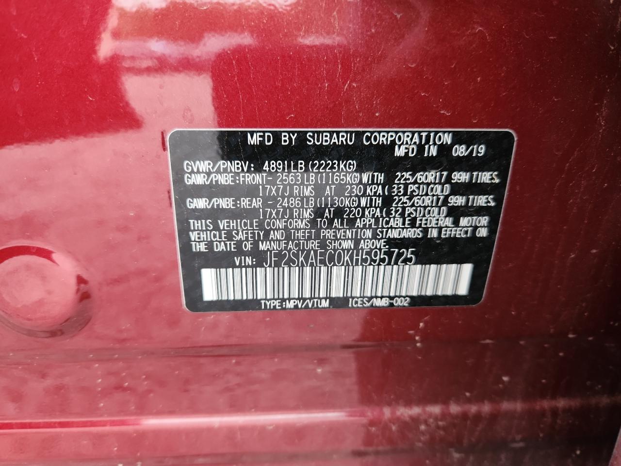 2019 Subaru Forester Premium VIN: JF2SKAEC0KH595725 Lot: 80479105