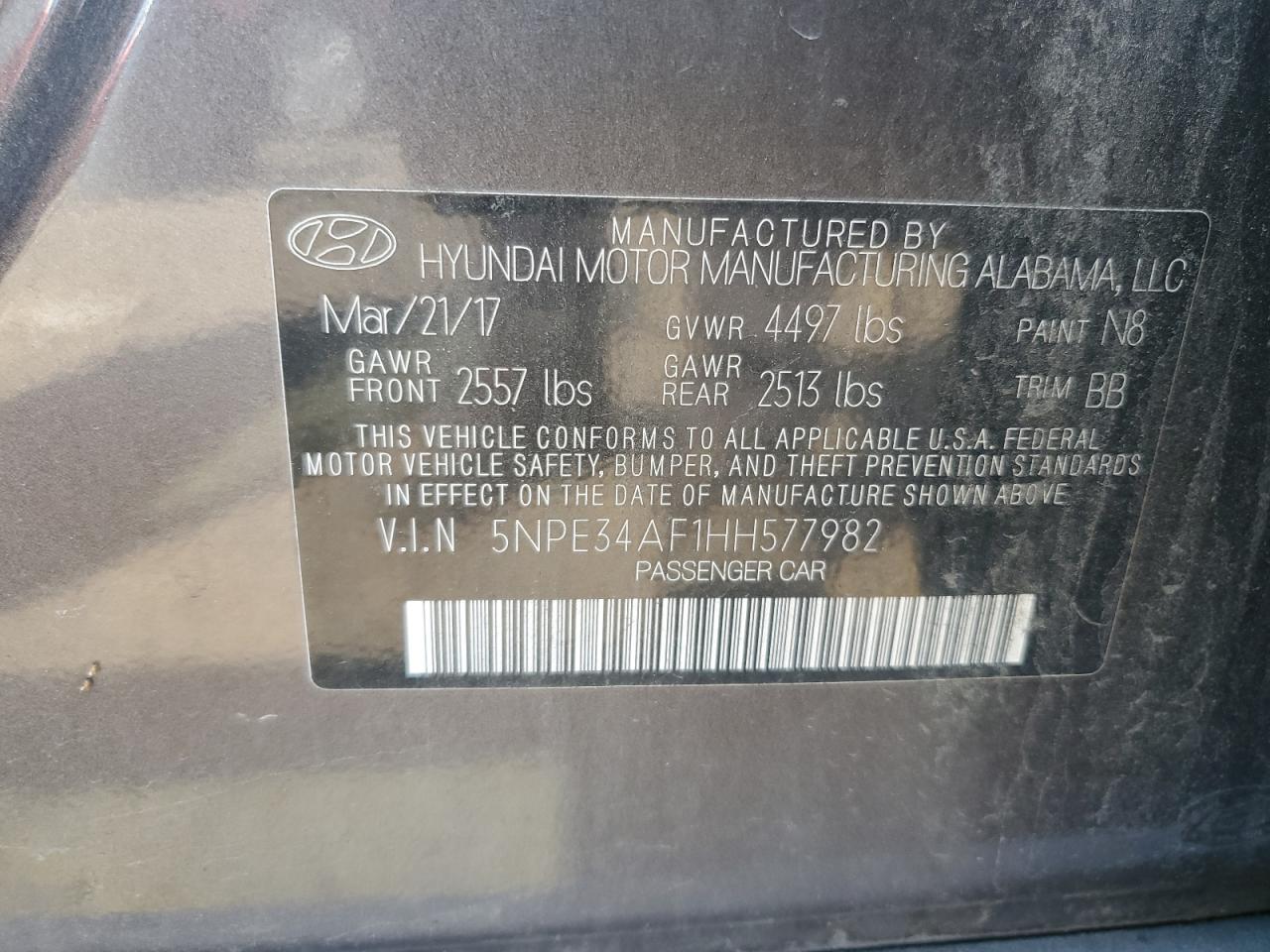 2017 Hyundai Sonata Sport VIN: 5NPE34AF1HH577982 Lot: 71586475