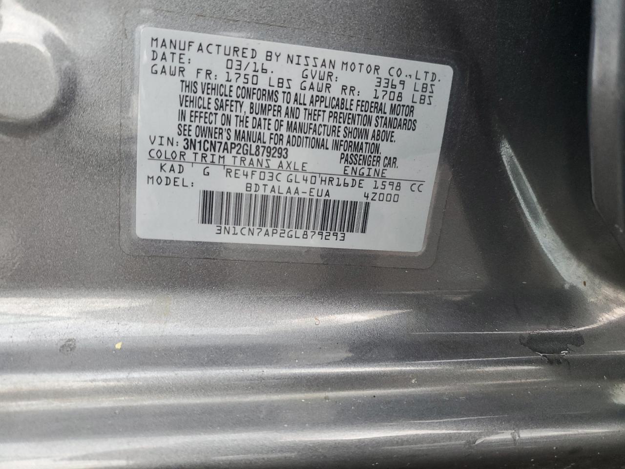 2016 Nissan Versa S VIN: 3N1CN7AP2GL879293 Lot: 81858145