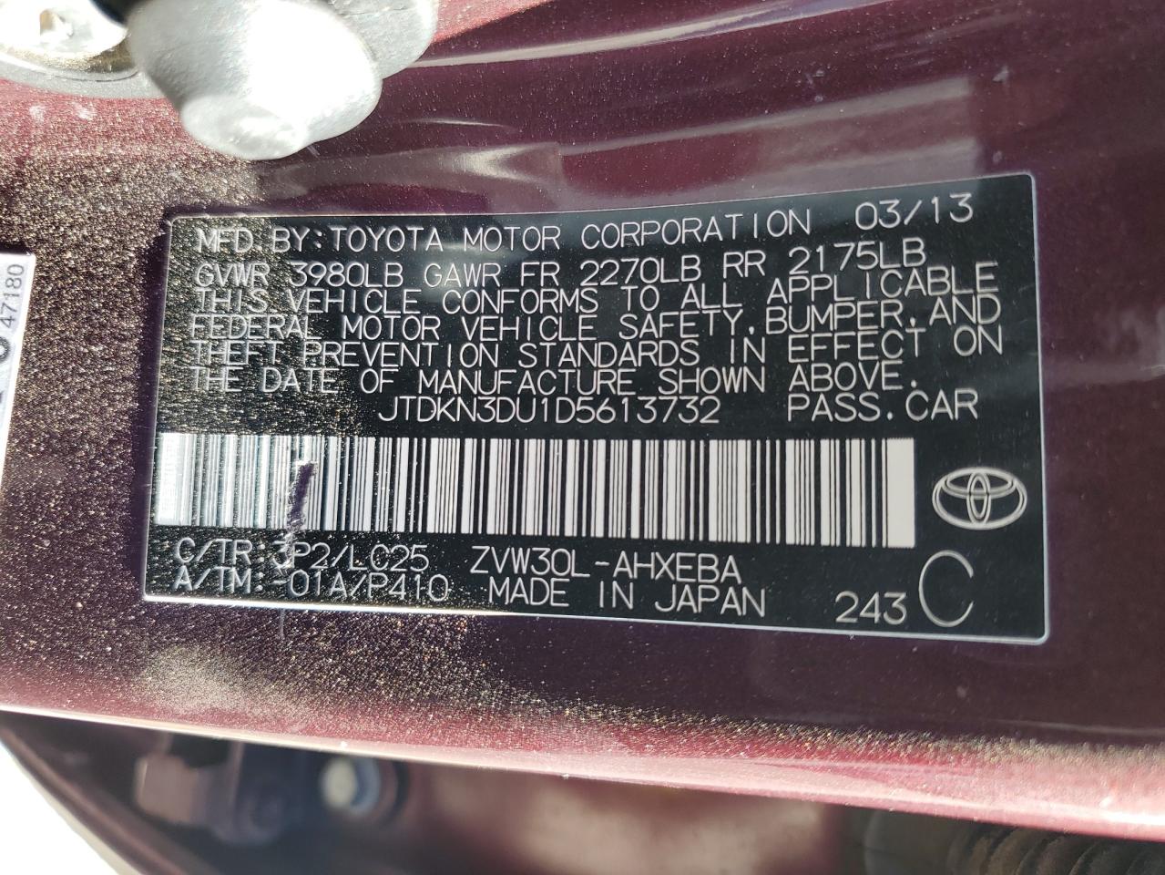 2013 Toyota Prius VIN: JTDKN3DU1D5613732 Lot: 80728495