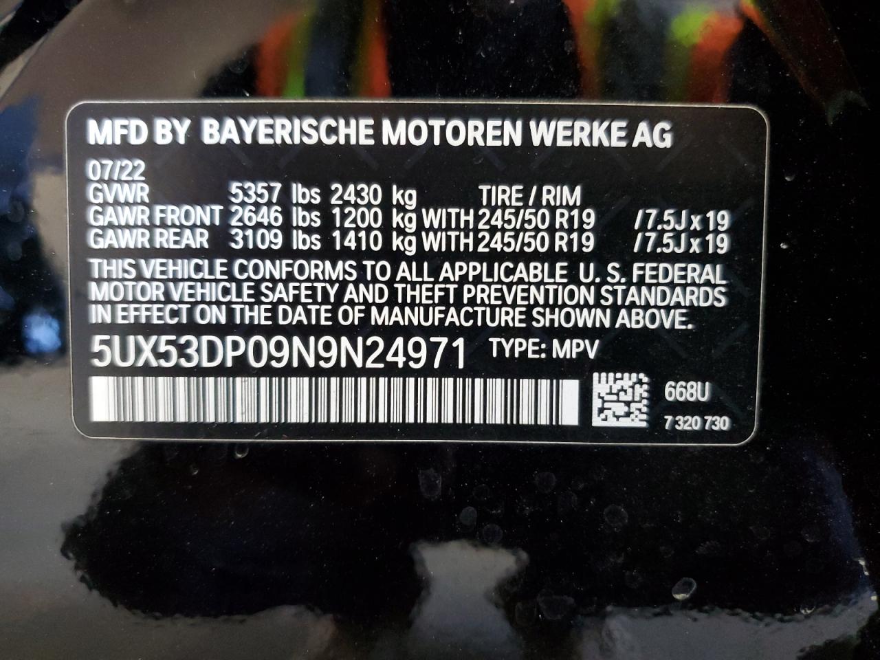 2022 BMW X3 xDrive30I VIN: 5UX53DP09N9N24971 Lot: 70807815