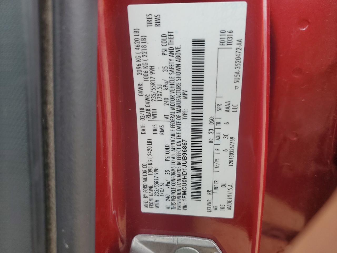 2018 Ford Escape Sel VIN: 1FMCU0HD1JUB96867 Lot: 82053755