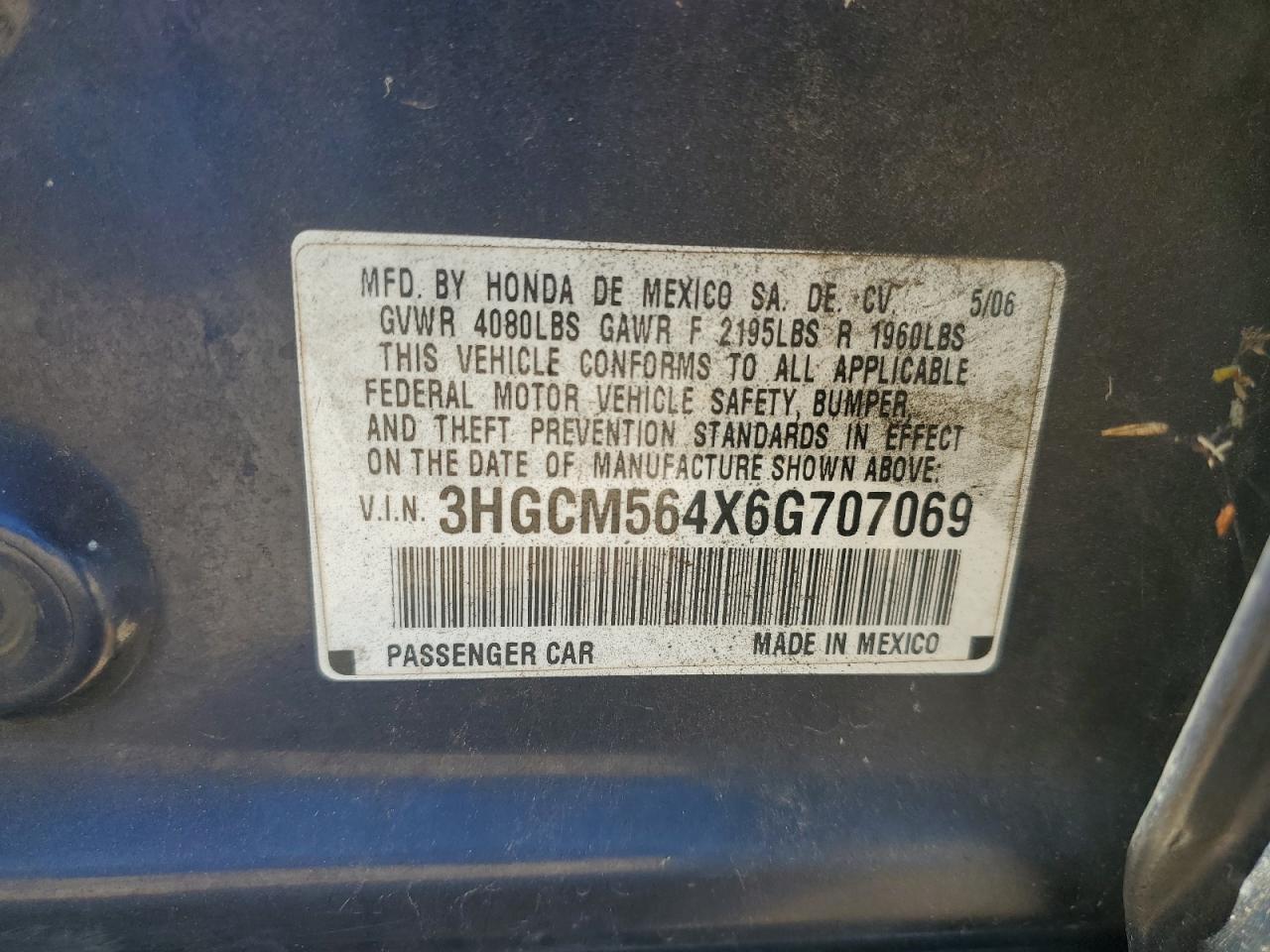 2006 Honda Accord Lx VIN: 3HGCM564X6G707069 Lot: 80049145