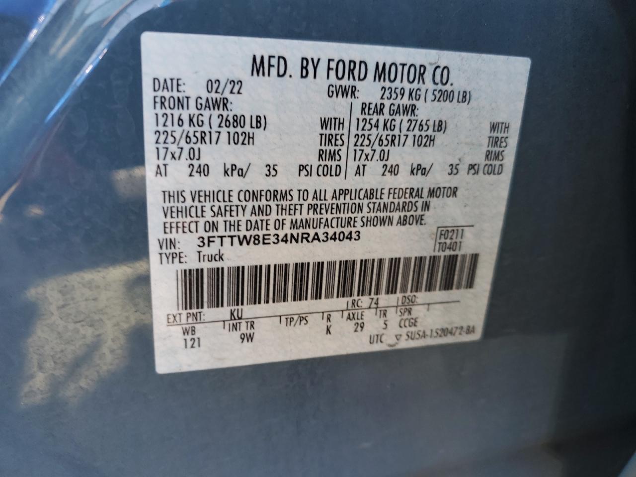 2022 Ford Maverick Xl VIN: 3FTTW8E34NRA34043 Lot: 71130245