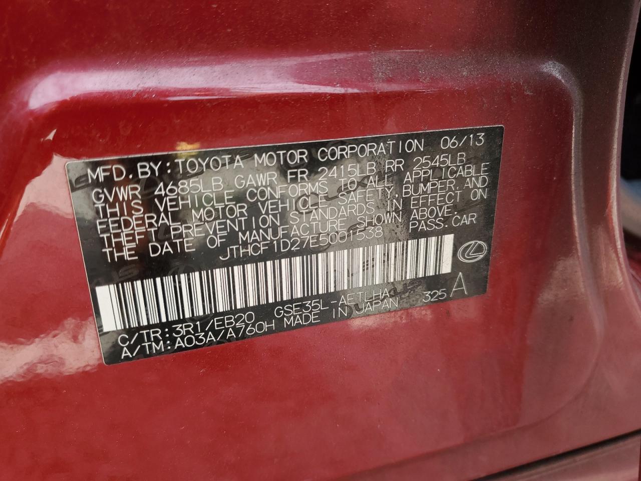 2014 Lexus Is 250 VIN: JTHCF1D27E5001538 Lot: 80068925